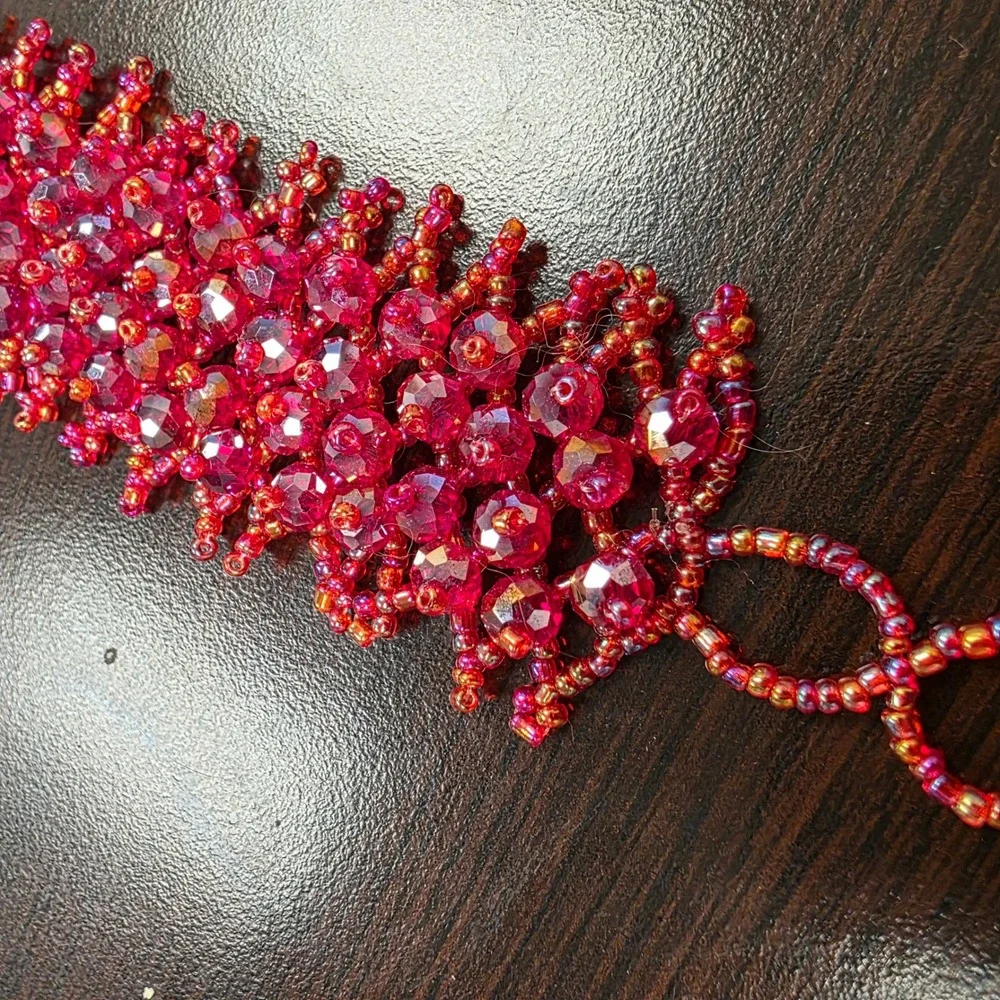 Handmade Magenta Red Beaded Cuff Bracelet Faceted Glass Seed Bead Statement 7.5